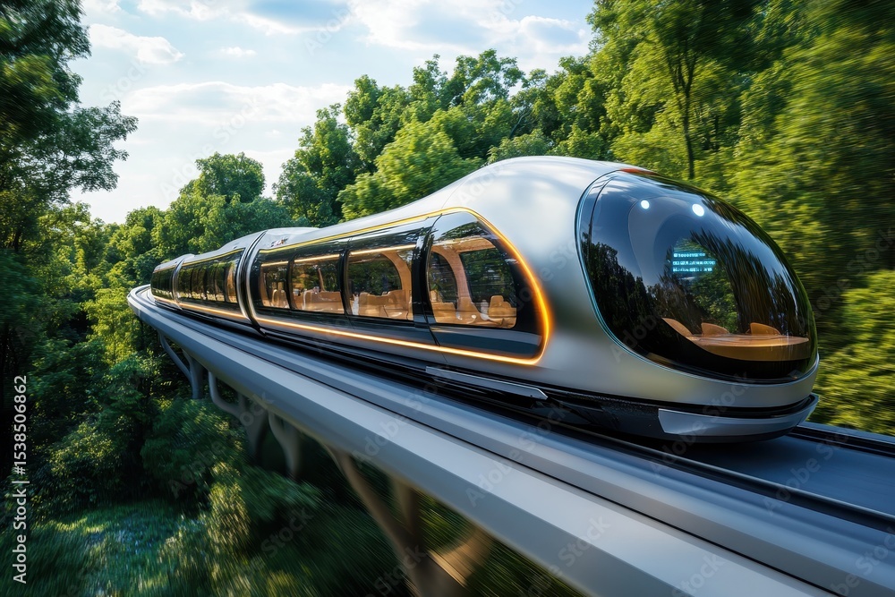 Poster futuristic train traveling through lush greenery in an advanced transportation network designed for 