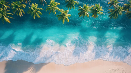 Stunning aerial view of a tropical beach with turquoise water, gentle waves, and palm trees swaying in the sunlight