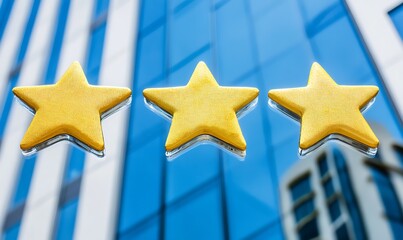 Three gold stars reflect on a blue glass surface of a building