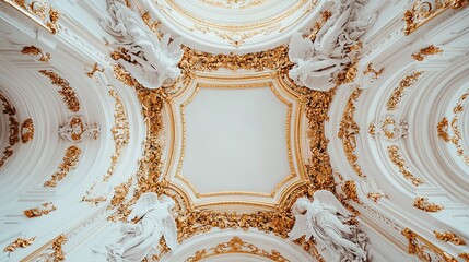 Ornate white and gold ceiling with intricate sculptures and decorative details, viewed from below in a grand architectural space.