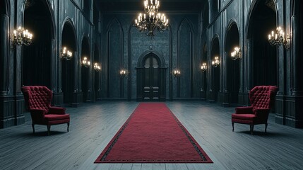 Elegant, dimly-lit gothic hall with chandeliers, red carpet, and two plush red armchairs facing each other.