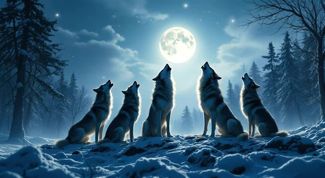 Five Wolves Howling at the Full Moon in a Snowy Winter Forest Scene