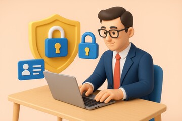 Businessman working on laptop with security icons and shield