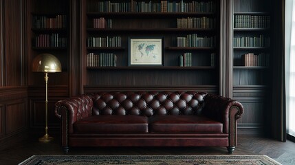 A luxurious library with a brown leather sofa, globe, and bookshelves filled with books, creating a classic and sophisticated atmosphere.
