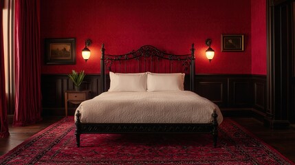 Luxurious red bedroom with ornate black bed, elegant rug, vintage wall sconces, and classic decor creating a warm, opulent atmosphere.