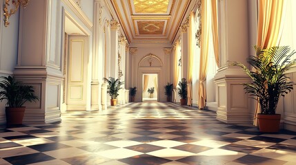 Elegant sunlit hallway with black-and-white checkered floor, golden details, tall windows, and potted plants.