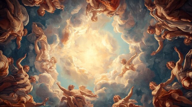 Baroque-style ceiling fresco depicting angels and divine figures ascending toward a radiant, glowing sky surrounded by dramatic clouds.