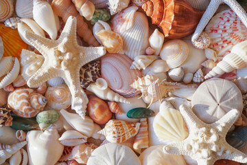 Close-up of starfishes and tropical seashells. Studio shot of seashells. Assortment of seashells scattered on soft sand. top view seashell. summer background concept