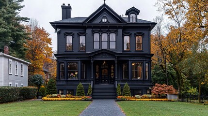 Elegant black Victorian house with intricate details, surrounded by autumn trees and a manicured lawn.