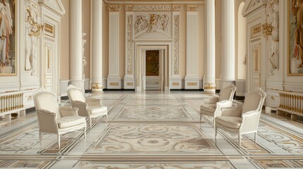 Ornate palace interior with luxurious chairs, marble floors, tall columns, and intricate classical decor in a grand hall.