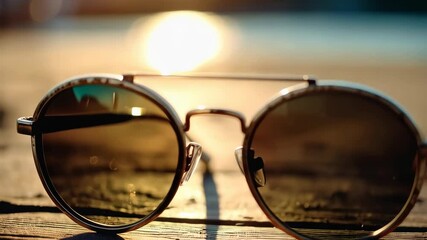 Stylish round sunglasses with golden frames resting on aged wooden planks in warm, soft sunlight with reflective lens. - Powered by Adobe