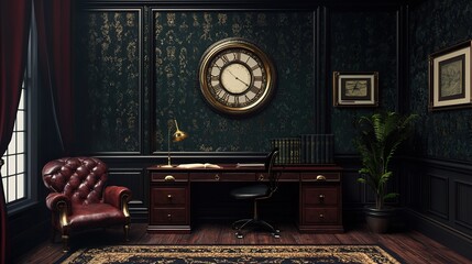 Vintage study room with a large clock, leather chair, wooden desk, classic decor, ornate wallpaper, and framed art.
