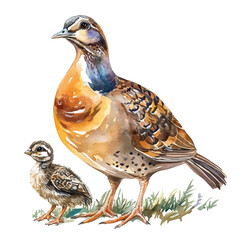 A Mother Partridge With Her Kid, watercolor painting vector, isolated on a white background.