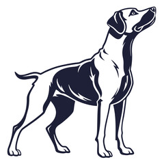 Elegant monochrome dog stands looking upward with outlined detailing on a white background
