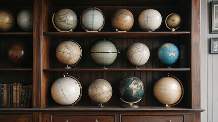 A wooden bookshelf displays a collection of vintage globes and books, creating a classic, scholarly atmosphere.