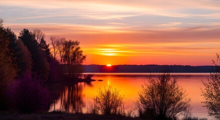 Obraz premium Serene Sunset over a Calm Lake with Silhouetted Trees