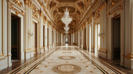 Ornate palace hallway with gold details, chandeliers, columns, and marble floor, showcasing luxurious classical architecture.