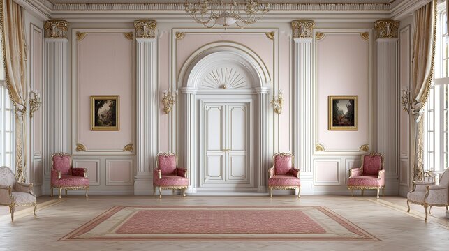 Ornate, elegant room with classical decor, pink armchairs, gold accents, framed art, and a large arched doorway.