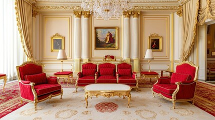A luxurious, ornate room with red and gold furniture, chandeliers, artwork, and elegant decor reflecting classic royal style.