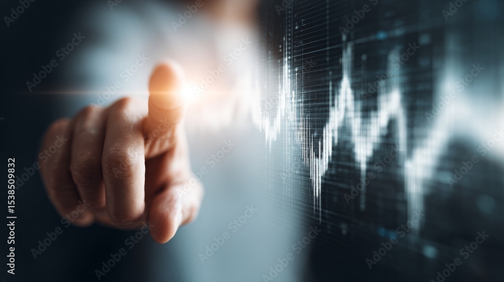 Aufkleber a close-up of a person pointing at a digital screen with wave graphics.