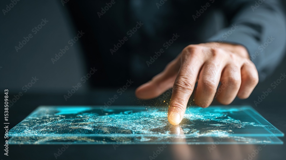 Poster a close-up view of a hand interacting with a digital interface, symbolizing innovation.