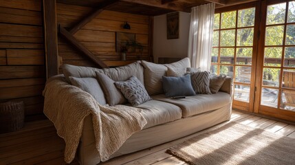 Fototapeta premium A cozy cottage living room a large overstuffed sofa, knitted throws, wooden floors, soft afternoon light filtering through
