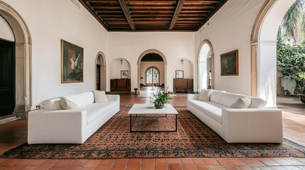 Elegant living room with white sofas, a patterned rug, wooden ceiling, and arched doorways in a spacious, classical interior.