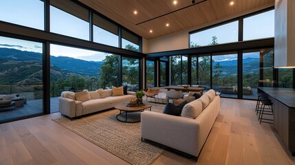 Modern living room with large windows, mountain views, cozy seating, and open-plan design at sunset.