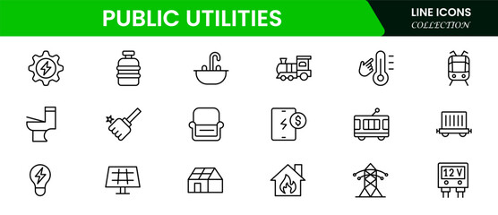 Essential vector web line icons depicting public utilities, water, electricity, gas, infrastructure, and services for community functionality and support.
