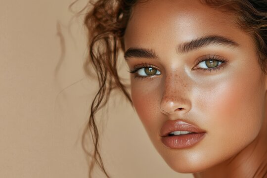 Gorgeous model presents sunkissed bronzer look in studio, with flawless skin and glossy lips, against neutral background for a stunning close up