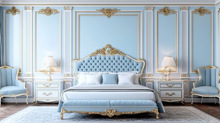 Elegant bedroom with ornate blue and gold decor, featuring a luxurious bed, vintage chairs, classic lamps, and intricate wall moldings.