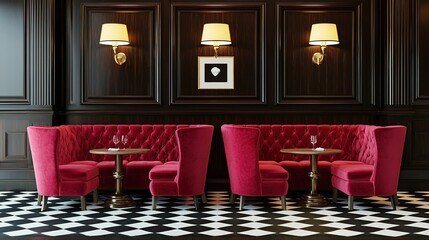 Elegant restaurant booths with red velvet seating, dark wood walls, stylish lighting, and a black-and-white checkered floor.