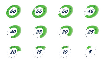 Set of Countdown timer icon start from 5 to 60 minutes. Numeric countdown elements for progress tracking, Time Tracking Illustration,Stopwatch Countdown Icons