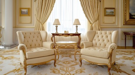 Elegant, classic living room with ornate armchairs, gold accents, and luxurious drapes in a sophisticated setting.