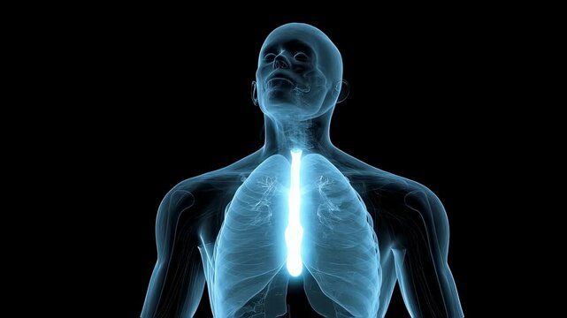 Medical animation depicting luminous human trachea revealing respiratory mechanics, highlighting airway function during breathing cycle against stark black background