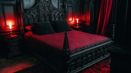 Ornate gothic bedroom with dark wood, red accents, and dramatic lighting creating a mysterious, luxurious atmosphere.
