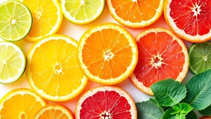 Variety of citrus fruit slices in rainbow gradient. Ideal for food, nutrition, summer, or healthy lifestyle concepts in commercial, editorial, and graphic design use