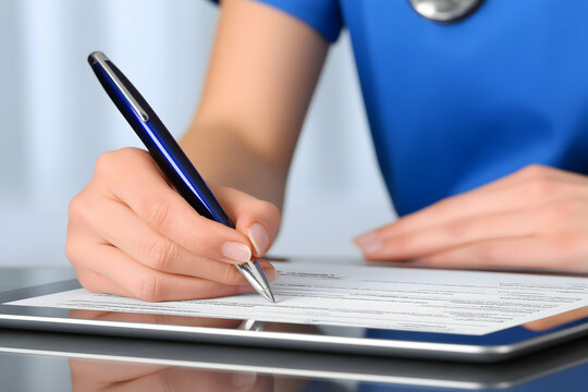 A person in blue scrubs writes on a digital tablet with a pen, possibly filling out medical or professional documents.
