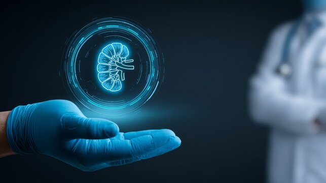 A doctor presents a hologram of a kidney, symbolizing futuristic medical technology. - Powered by Adobe