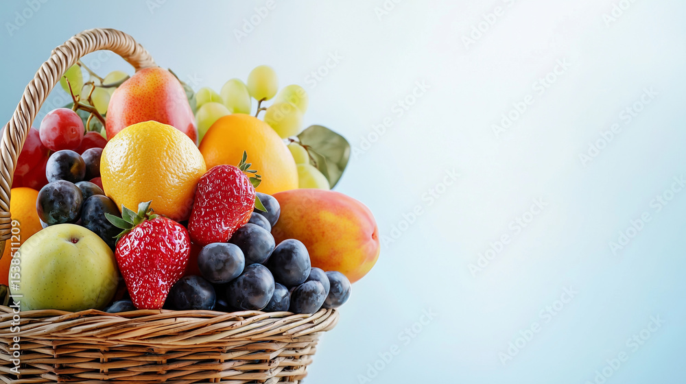 Poster wicker basket filled with fresh fruit positioned in the bottom left corner of banner, set against a 