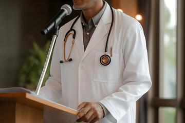 A doctor wearing a white coat and stethoscope speaks at a podium with a microphone in a professional indoor setting.