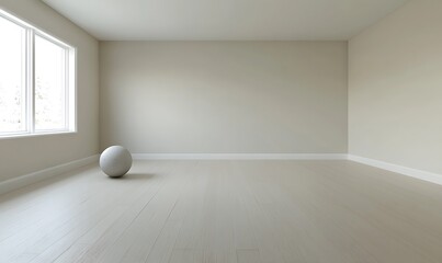 A minimalist room featuring a single sphere near a window