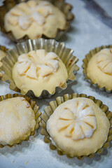Yeast buns in different ramekins. High quality photo