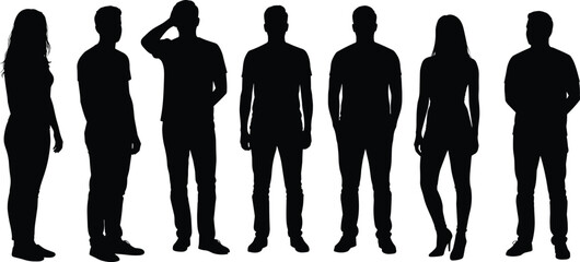 Group of standing people silhouette, casual outfit, men and women, black vector illustration, side pose, front view, isolated art