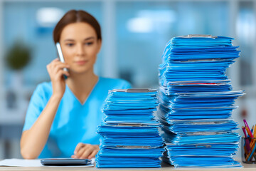 A woman in blue scrubs talks on the phone while sitting behind large stacks of paperwork in a busy office setting.