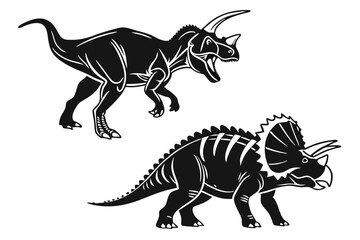 Two dinosaur silhouettes, one roaring with sharp teeth, the other features iconic triceratops horns