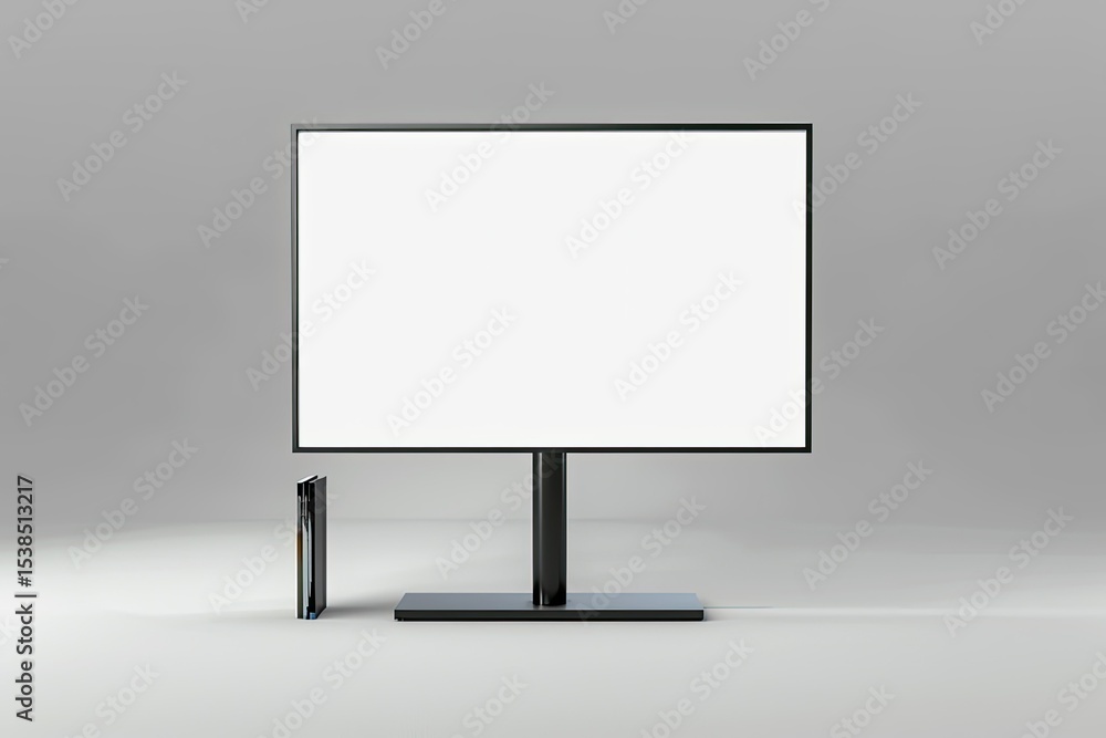 Poster lcd display stand and magazine rack blank lcd trade show booth 3d render isolated on white
