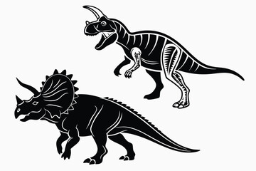 Two dinosaurs, including a horned Ceratosaurus and Triceratops, are outlined in black with stylized details