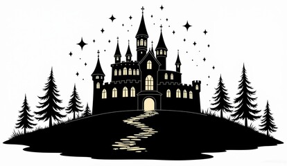 Obraz premium Silhouette of a Fairy Tale Castle with Pathway and Surrounding Trees Under a Starry Sky