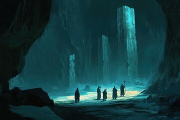 Group of adventurers explores a mystical dungeon filled with towering stone pillars and eerie lighting during their quest for treasure and ancient knowledge